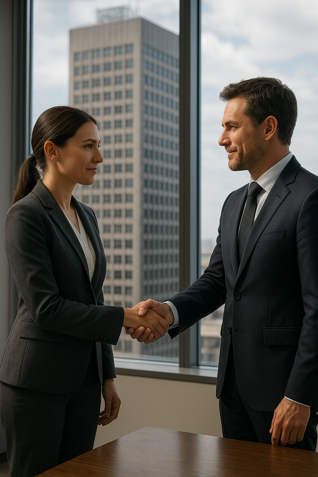 Old school customer service. Two individuals shaking hands after a successful AI seminar