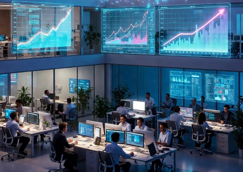 At work with coworkers using the latest in AI tools.